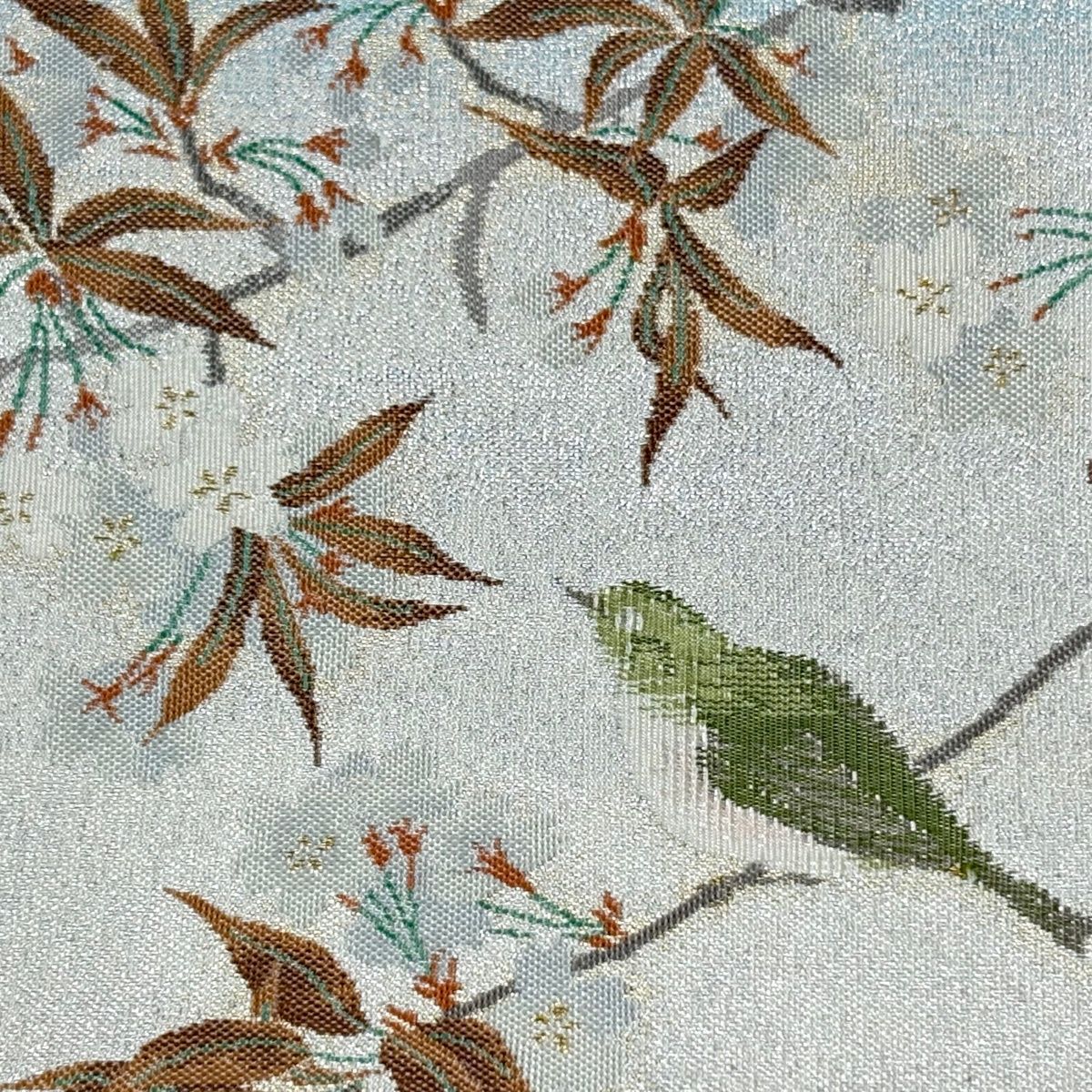 美品】 袋帯 秀品 じゅらく 落款 桜 鶯 金糸 箔 水色 お太鼓柄 正絹