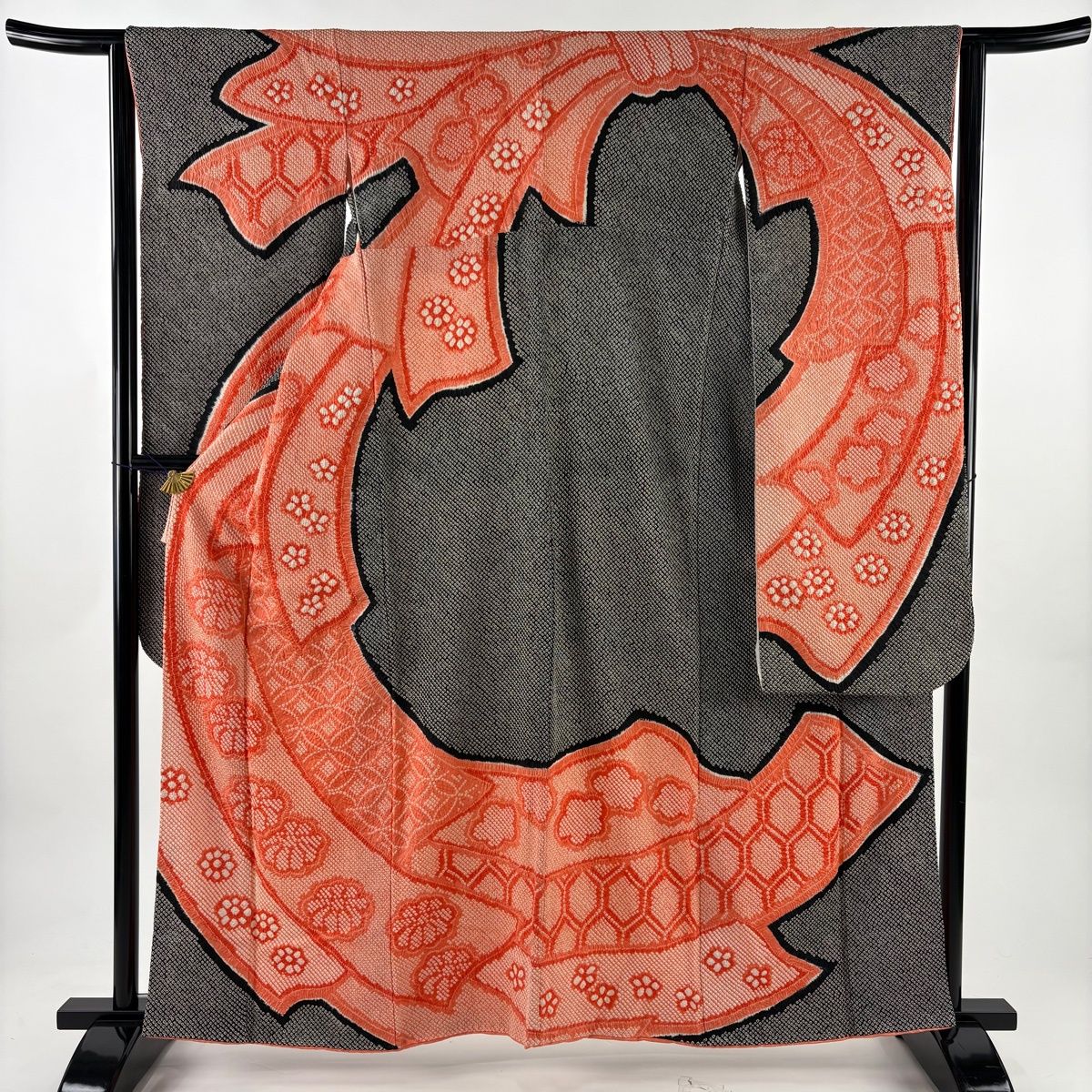 美品】 振袖 身丈159cm 裄丈64cm M 袷 菊 熨斗 総絞り 朱色 正絹 秀品