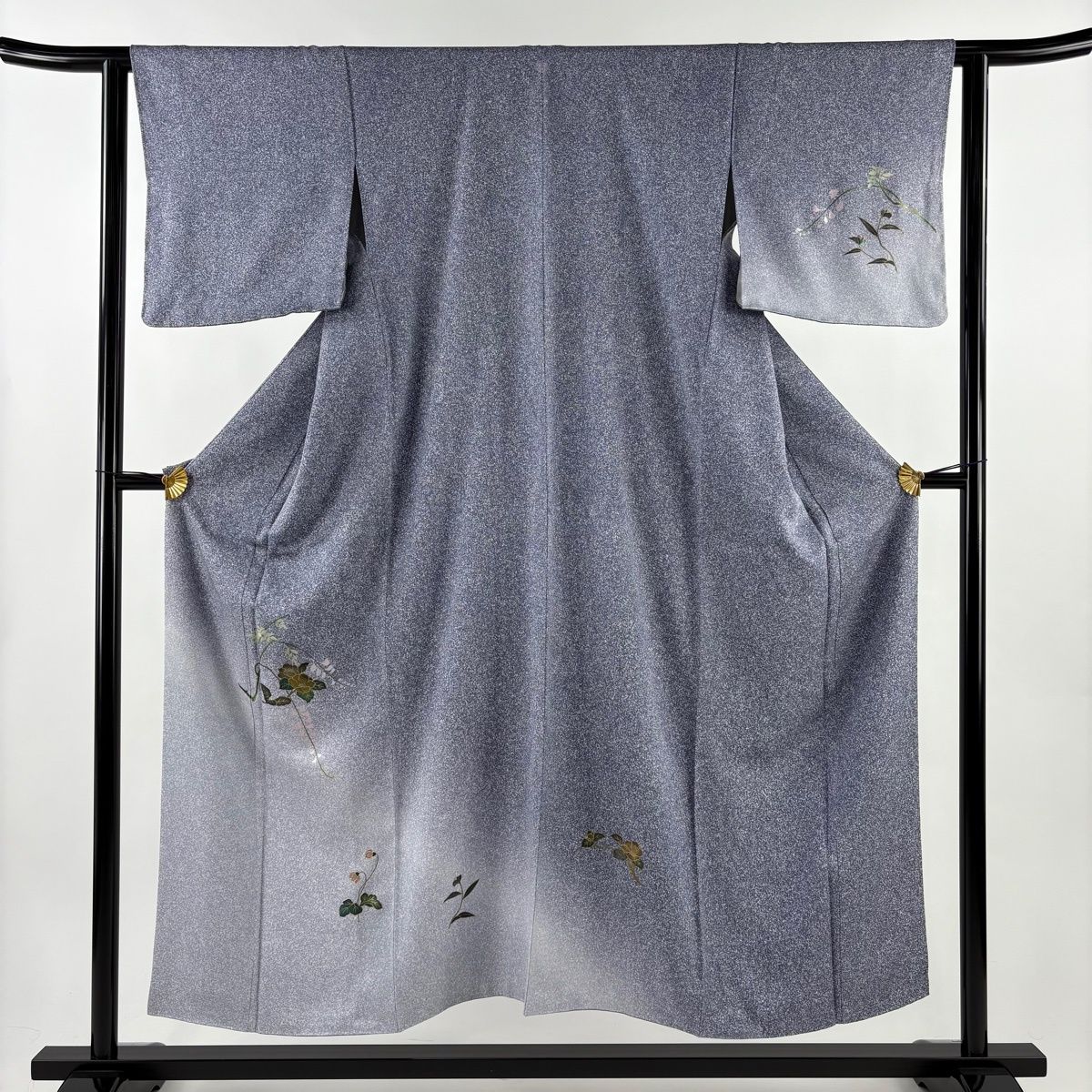 付下げ 身丈153cm 裄丈63cm S 袷 椿 幾何学 金彩 螺鈿 青紫 正絹 秀品