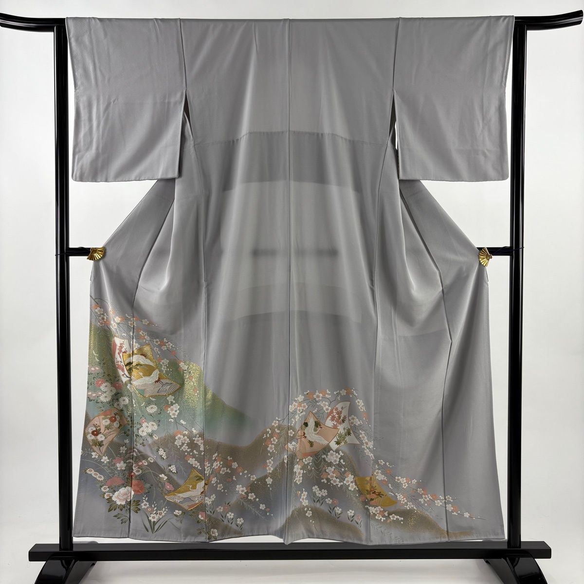 色留袖 身丈155 cm 裄丈63.5 S 袷 鶴 草花 金糸 金彩 灰色 正絹 秀品