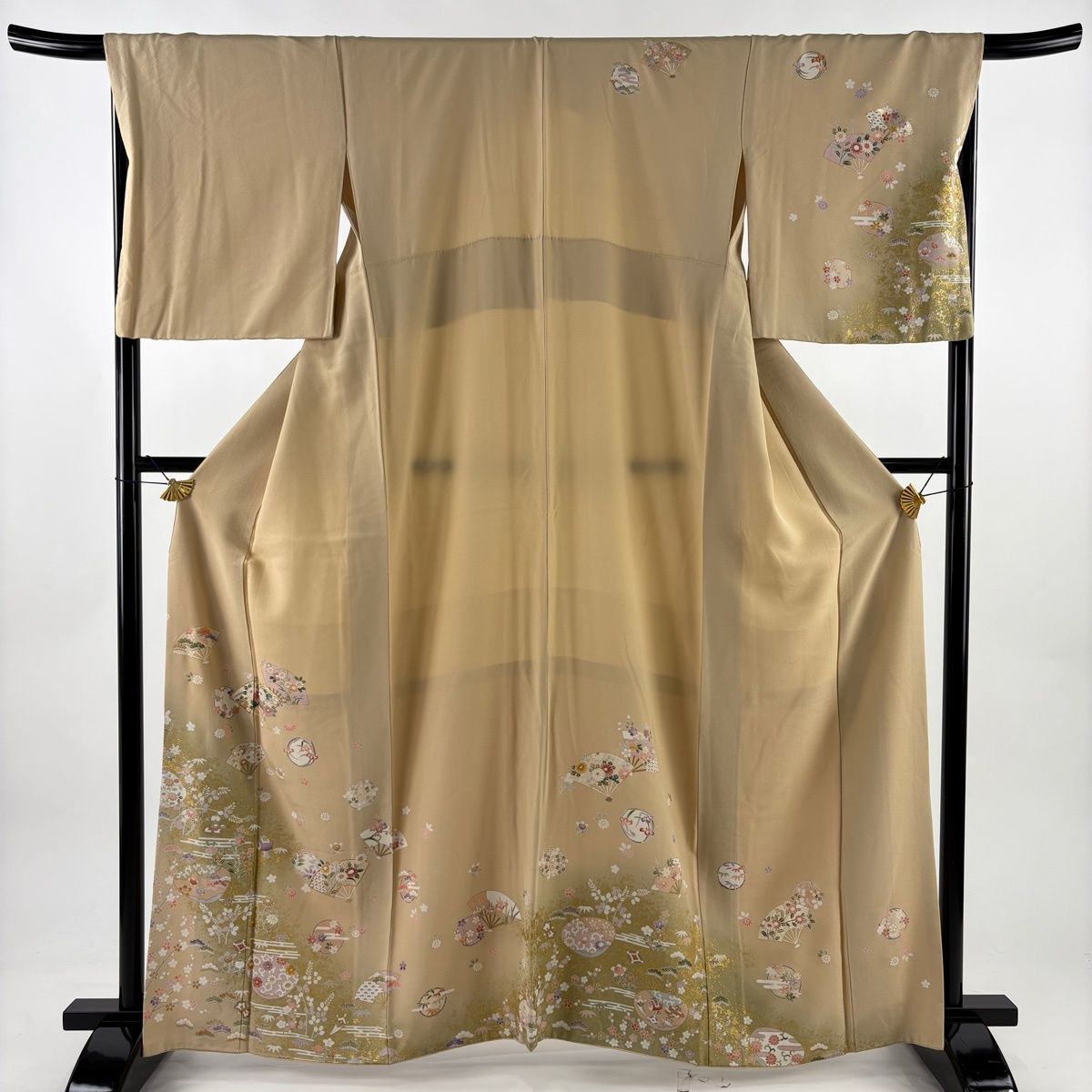 訪問着 身丈162cm 裄丈68.5cm L 袷 扇 松竹梅 金糸 金銀彩 ベージュ 正絹 秀品 【】