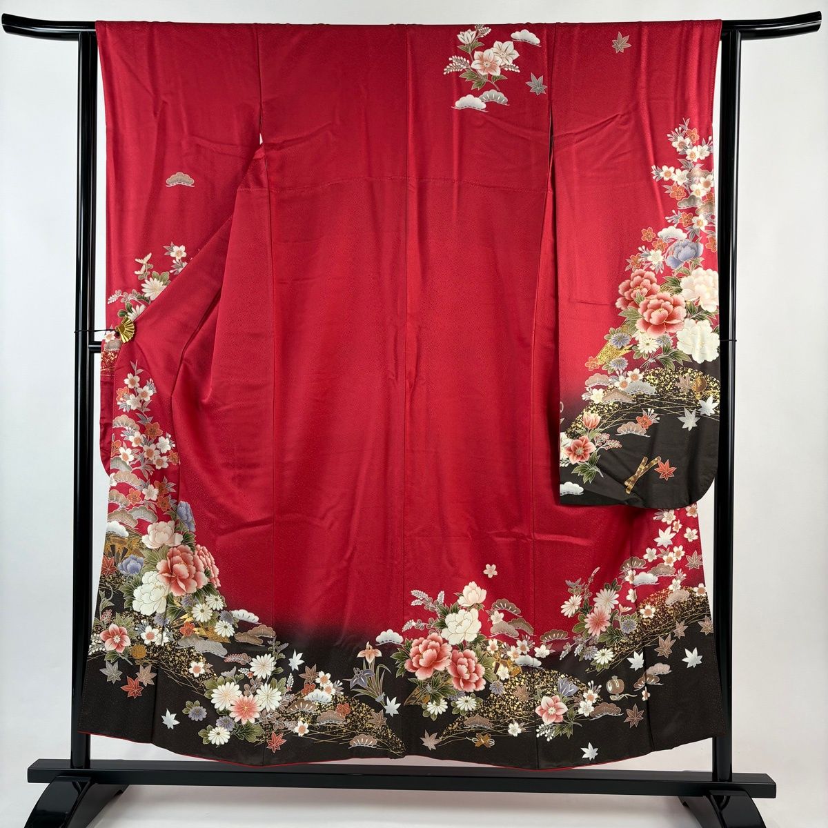 振袖 身丈152cm 裄丈62cm S 袷 草花 片輪車 金彩 ぼかし 赤 正絹 秀品 
