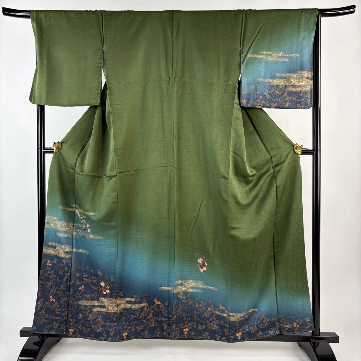 訪問着 身丈158.5cm 裄丈66.5cm M 袷 ヱ霞 菊 刺繍 金彩 茶緑色 正絹