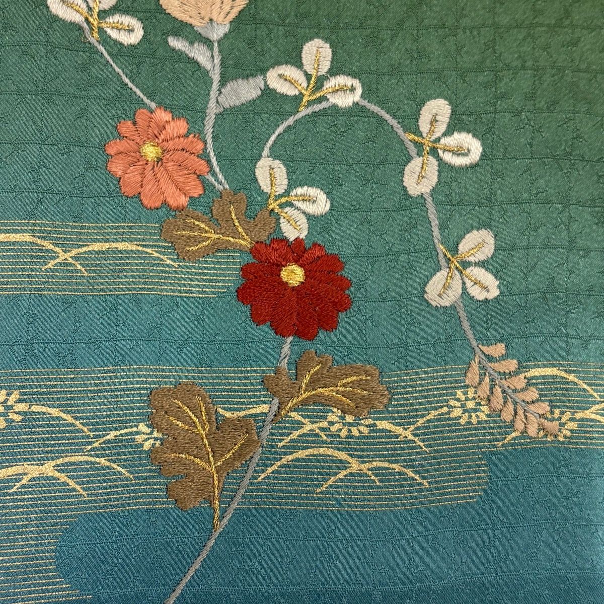 訪問着 身丈158.5cm 裄丈66.5cm M 袷 ヱ霞 菊 刺繍 金彩 茶緑色 正絹