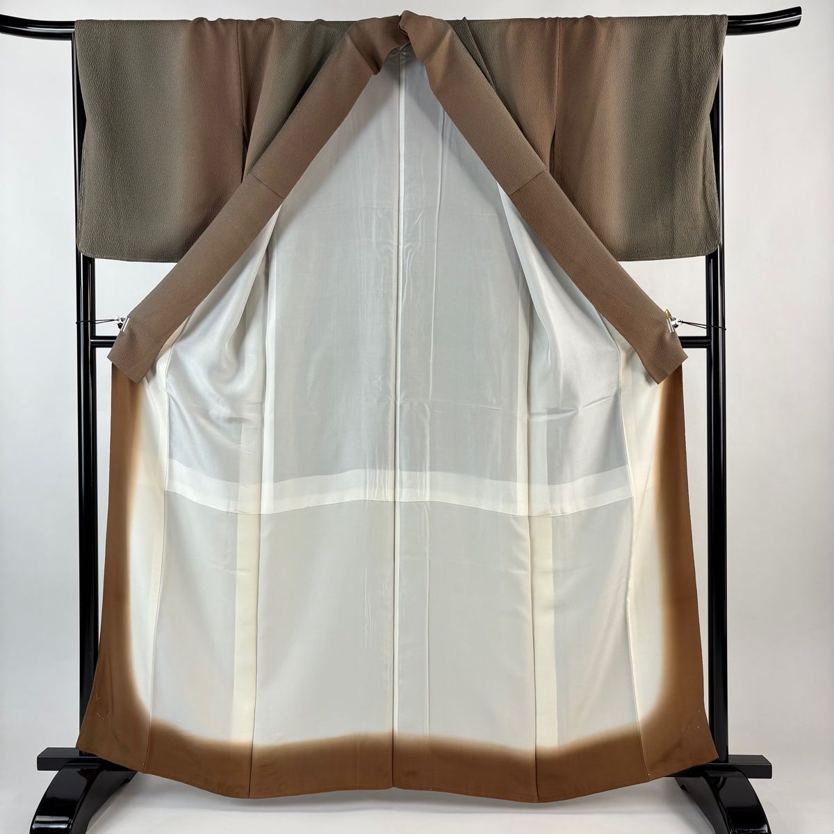  小紋 身丈162.5 cm 裄丈67 M 袷 幾何学 ぼかし 茶緑色 正絹 秀品 小紋 着物