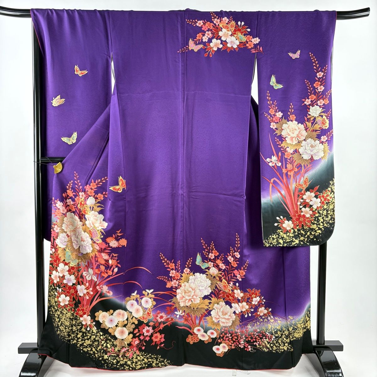 振袖 身丈163.5cm 裄丈68.5cm L 袷 草花 蝶 金彩 染め分け 紫 正絹 秀