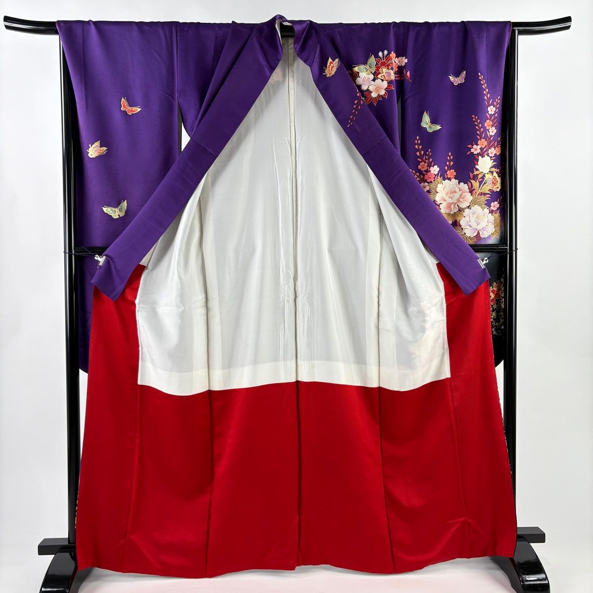振袖 身丈163.5cm 裄丈68.5cm L 袷 草花 蝶 金彩 染め分け 紫 正絹 秀