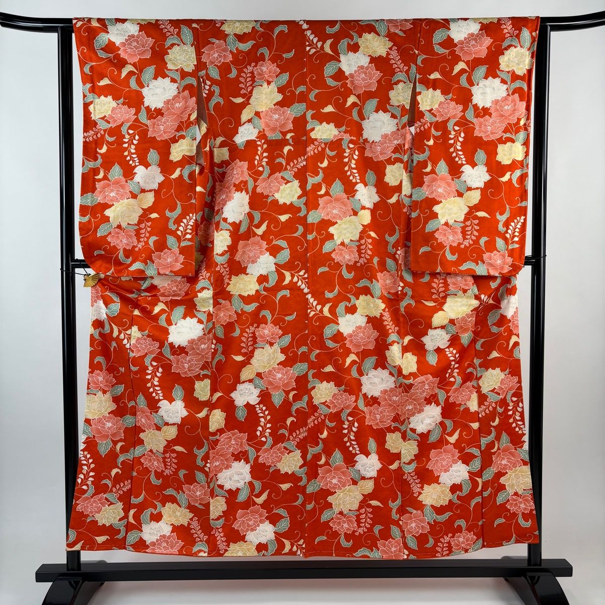 美品】 振袖 身丈155cm 裄丈63cm S 袷 二尺袖 花唐草 オレンジ 正絹 秀 