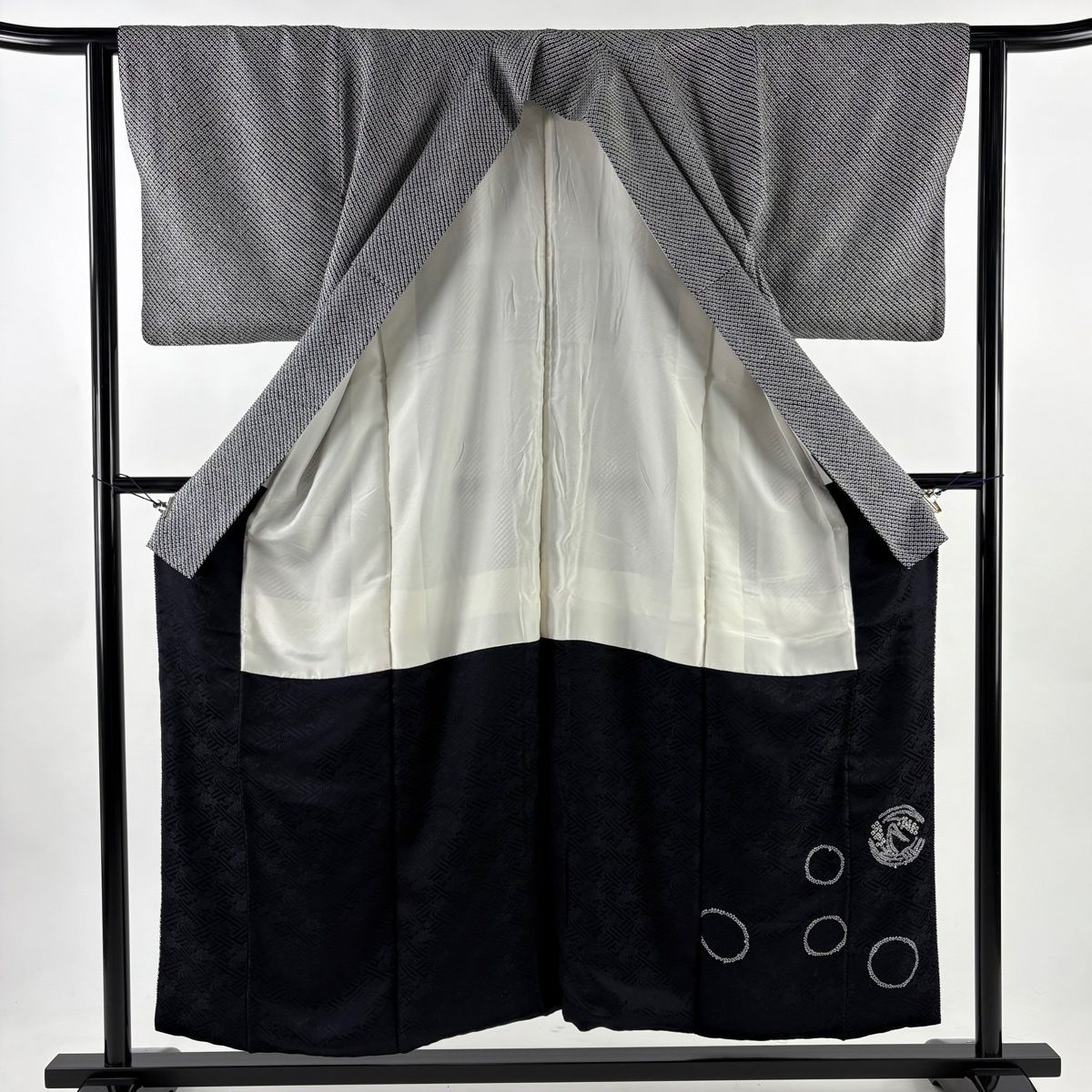 小紋 身丈154.5cm 裄丈61.5cm S 袷 総絞り 黒 正絹 秀品 一つ紋 【中古