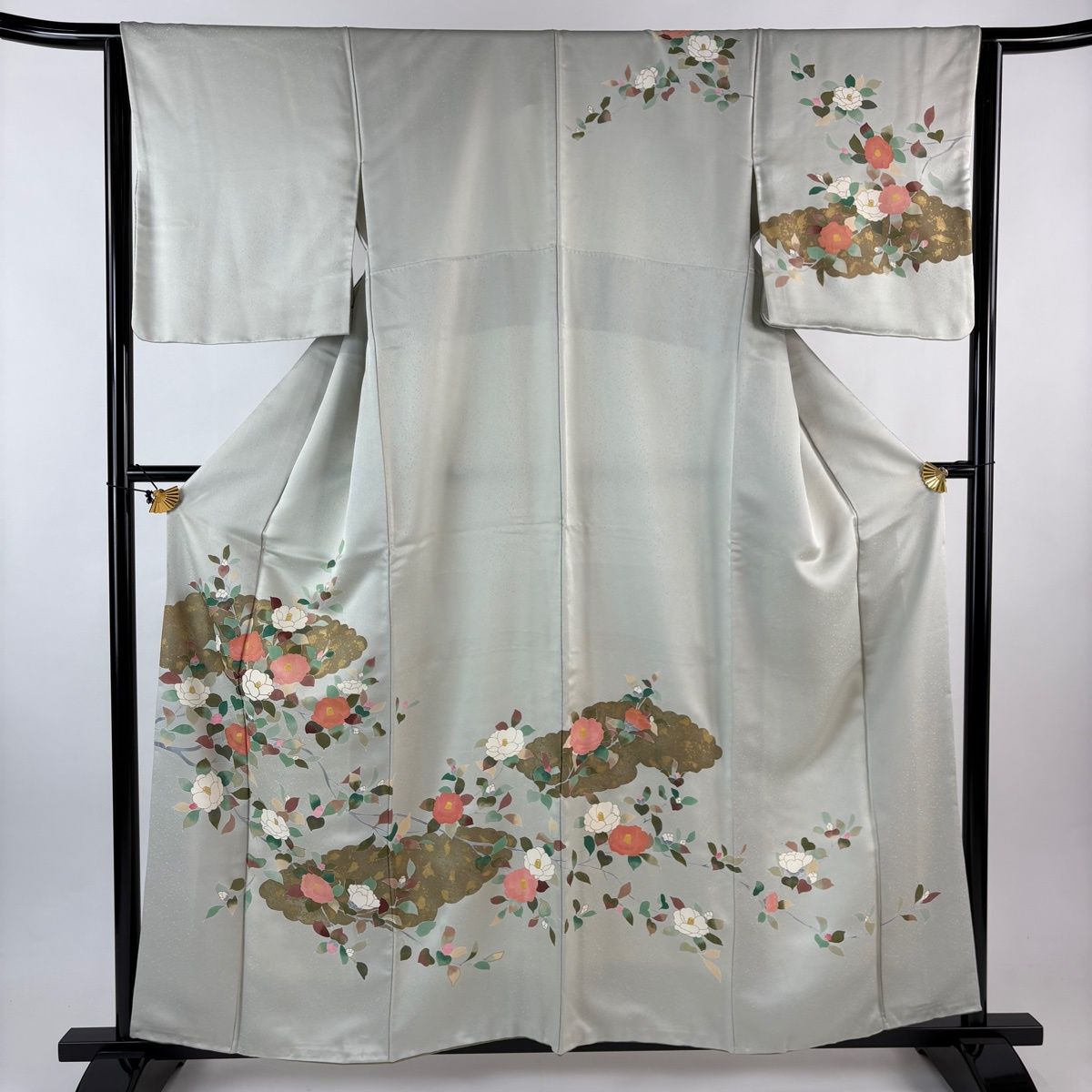 訪問着 身丈159cm 裄丈63cm S 袷 椿 雲文 金彩 灰緑 正絹 秀品 【中古