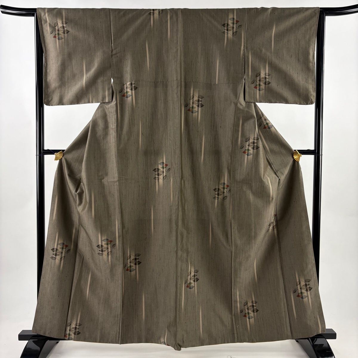 美品】 紬 身丈161.5cm 裄丈64.5cm M 袷 草花 縦縞 灰茶