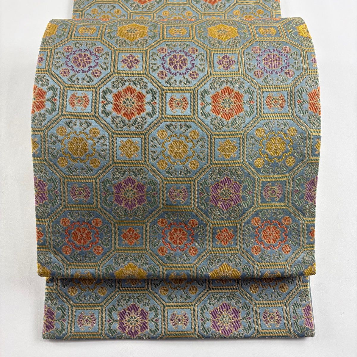 美品】 袋帯 逸品 龍村晋 落款 蜀江文 華文 箔 青緑 全通 正絹 【中古