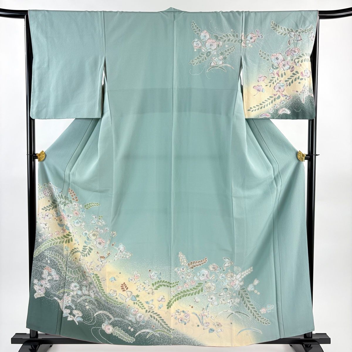 訪問着 身丈159cm 裄丈65.5cm M 袷 辻が花 金彩 ぼかし 薄緑 正絹 名品