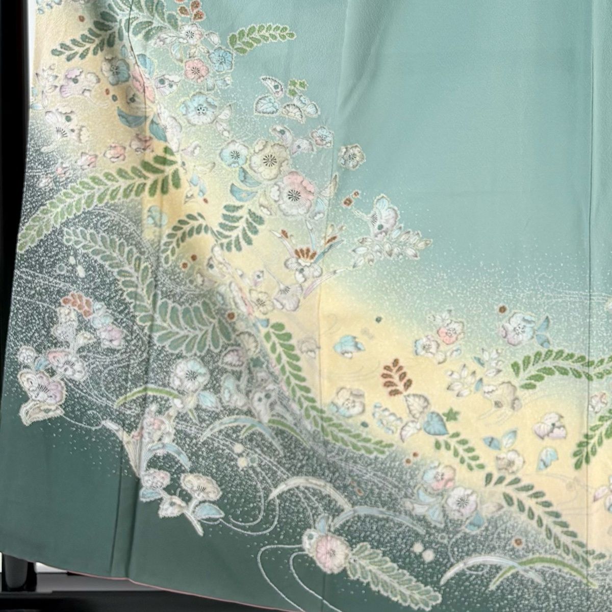 訪問着 身丈159cm 裄丈65.5cm M 袷 辻が花 金彩 ぼかし 薄緑 正絹 名品