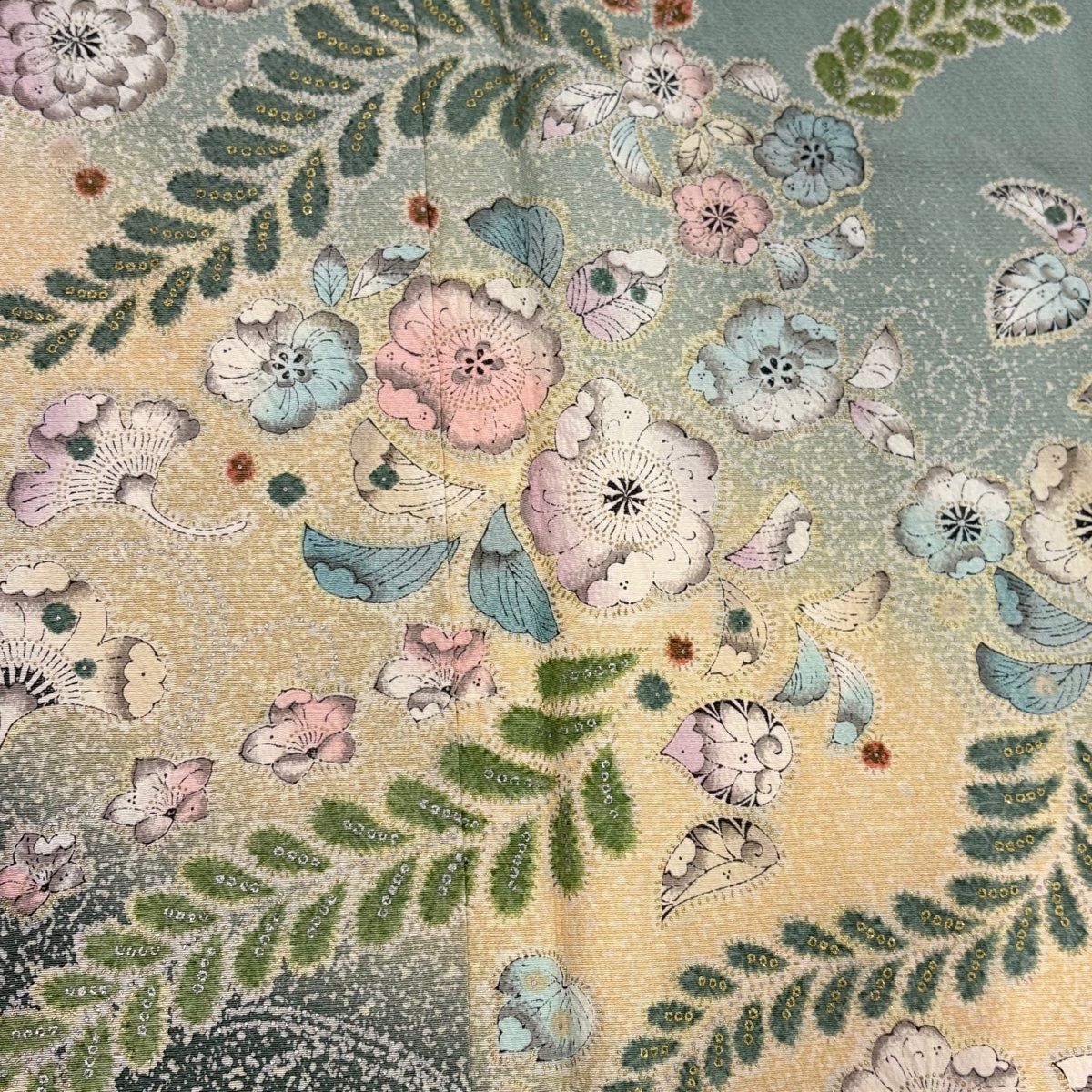 訪問着 身丈159cm 裄丈65.5cm M 袷 辻が花 金彩 ぼかし 薄緑 正絹 名品