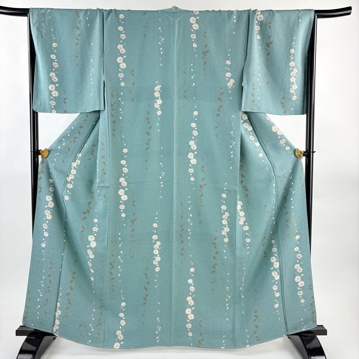 小紋 身丈163 cm 裄丈69 5 L 袷 千地泰弘 落款 花 葉柄 銀通し 金彩 青緑 正絹