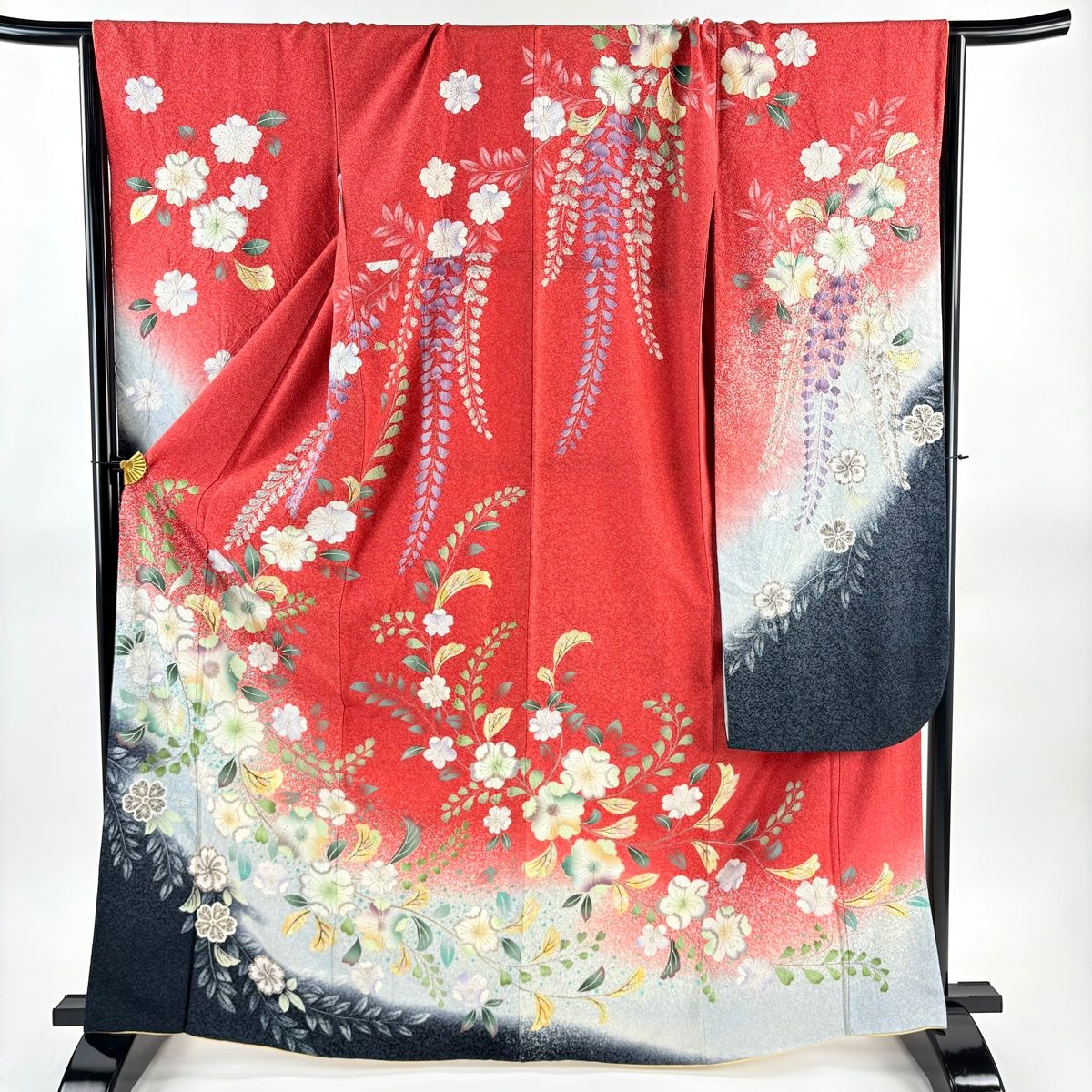 美品】 振袖 身丈165.5cm 裄丈69cm L 袷 辻が花 金銀彩 ぼかし 茜色