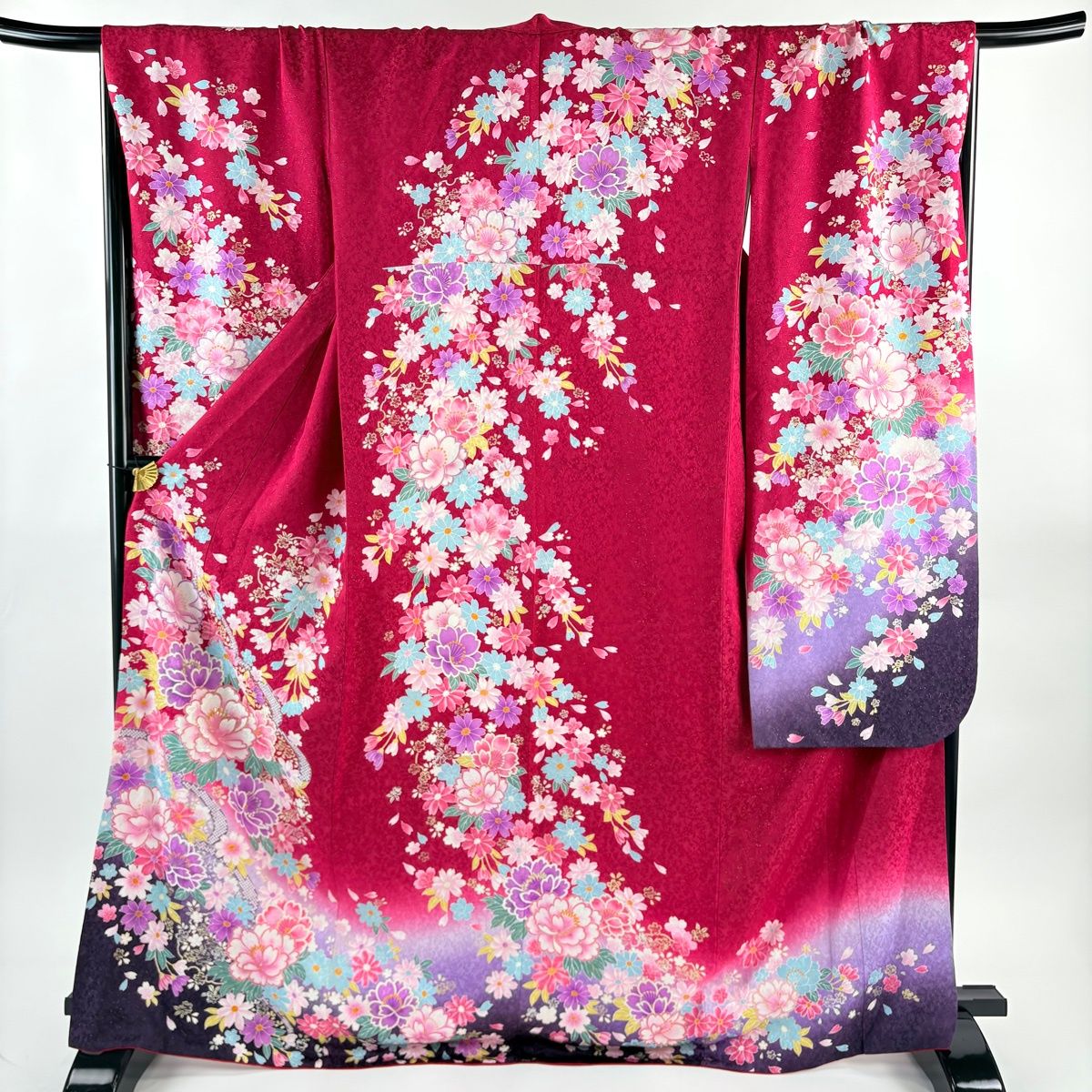 振袖 身丈169.5 cm 裄丈69.5 L 袷 牡丹 草花 銀通し 箔 濃ピンク 正絹
