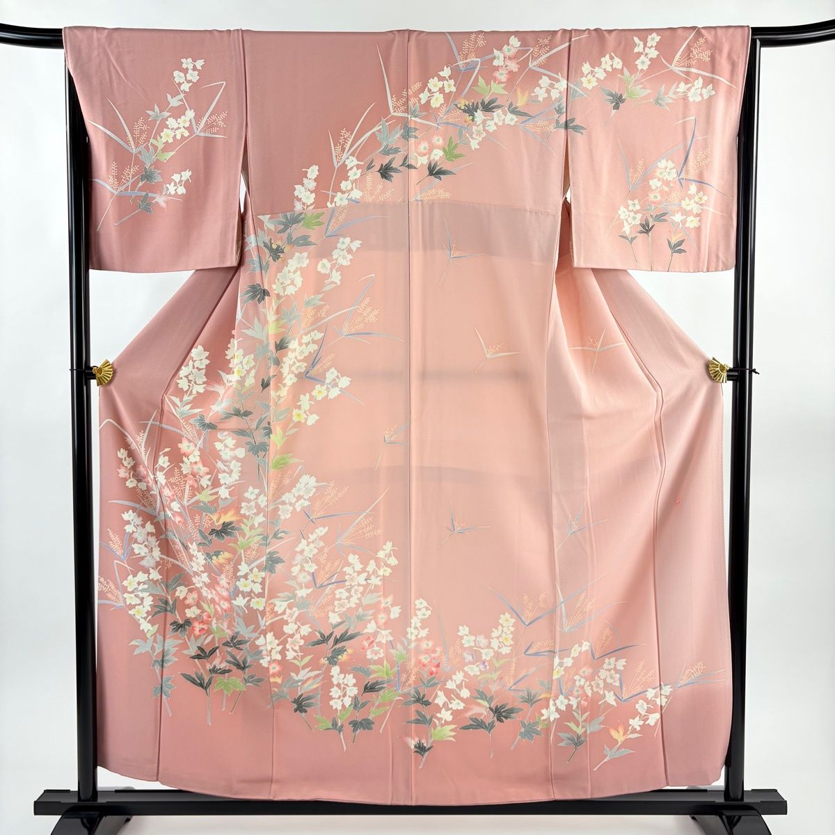 美品】 訪問着 身丈157cm 裄丈66cm M 袷 落款 草花 ぼかし ピンク 正絹