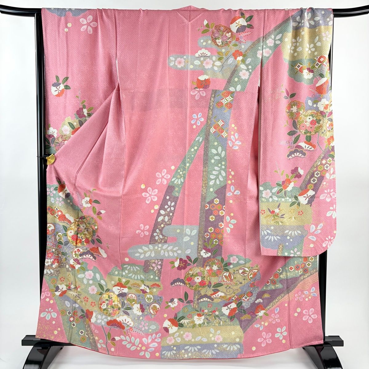 振袖 身丈163 cm 裄丈70 L 袷 草花 松 金糸 金銀彩 ピンク 正絹