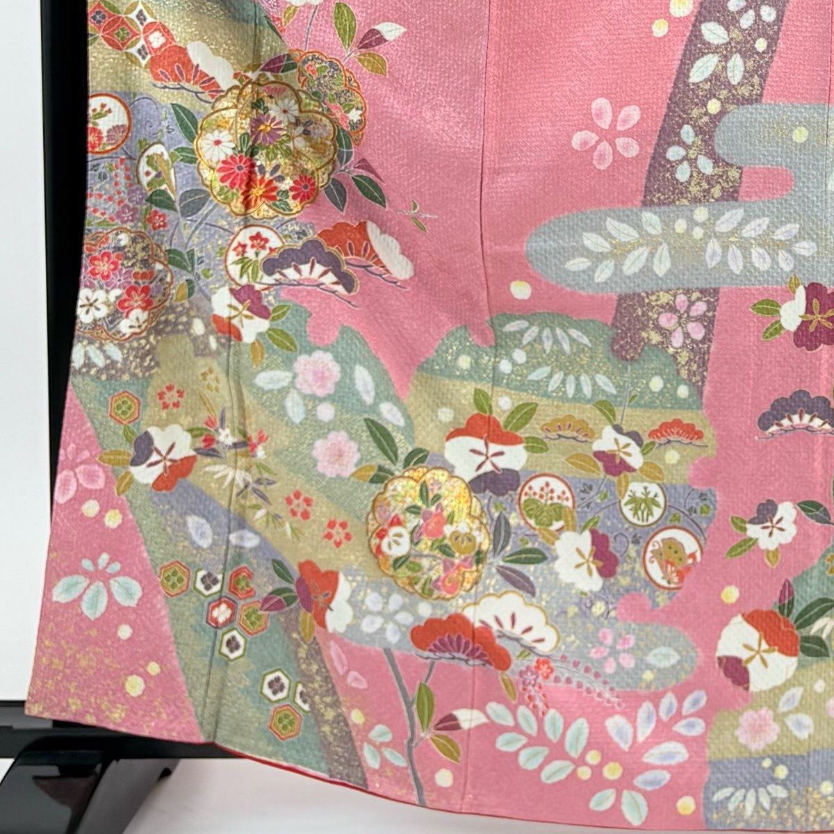 振袖 身丈163 cm 裄丈70 L 袷 草花 松 金糸 金銀彩 ピンク 正絹