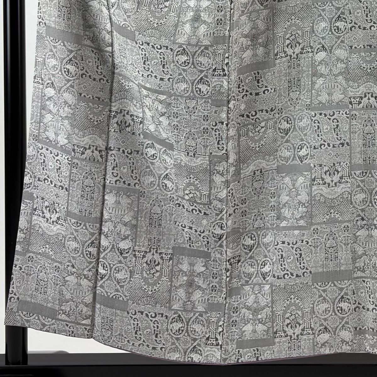 小紋 身丈155 cm 裄丈64.5 M 袷 紋意匠 向かい鳥 草花 灰色 正絹
