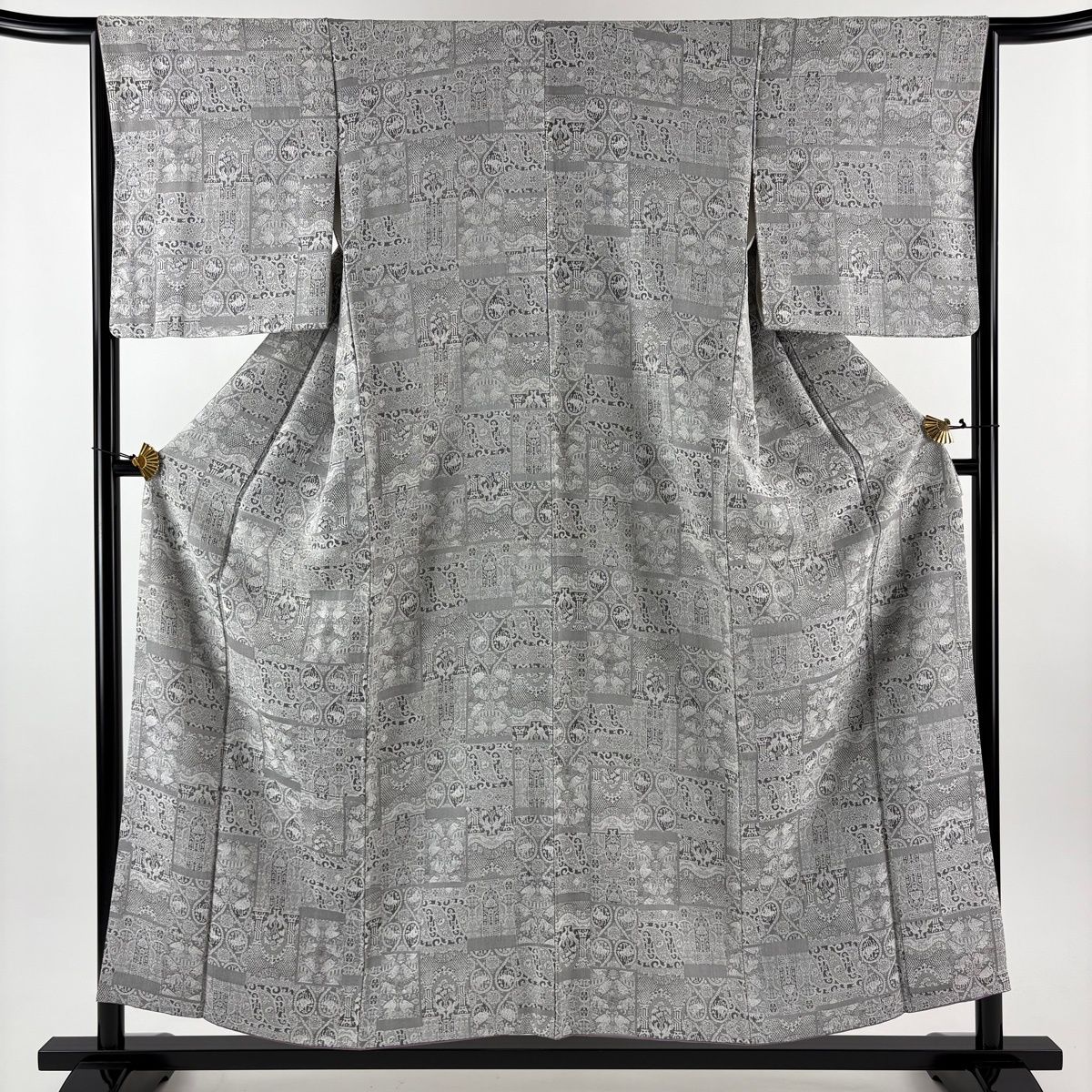 小紋 身丈155 cm 裄丈64 5 M 袷 紋意匠 向かい鳥 草花 灰色 正絹