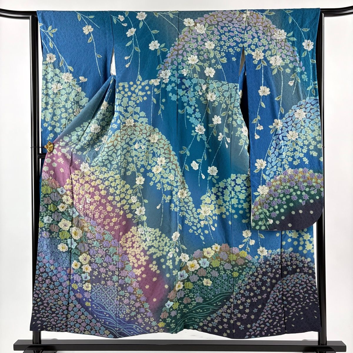 振袖 身丈153 cm 裄丈63 S 袷 草花 波 絞り 金彩 青緑 正絹