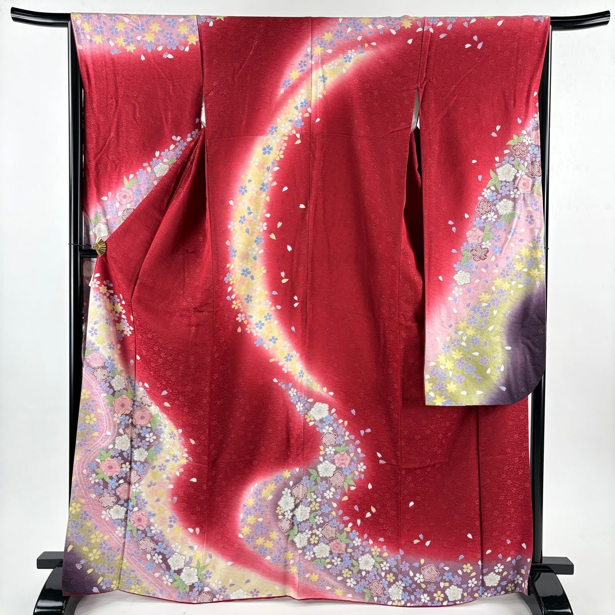 振袖 身丈165 cm 裄丈65 5 M 袷 草花 桜 銀通し 金糸 赤 正絹