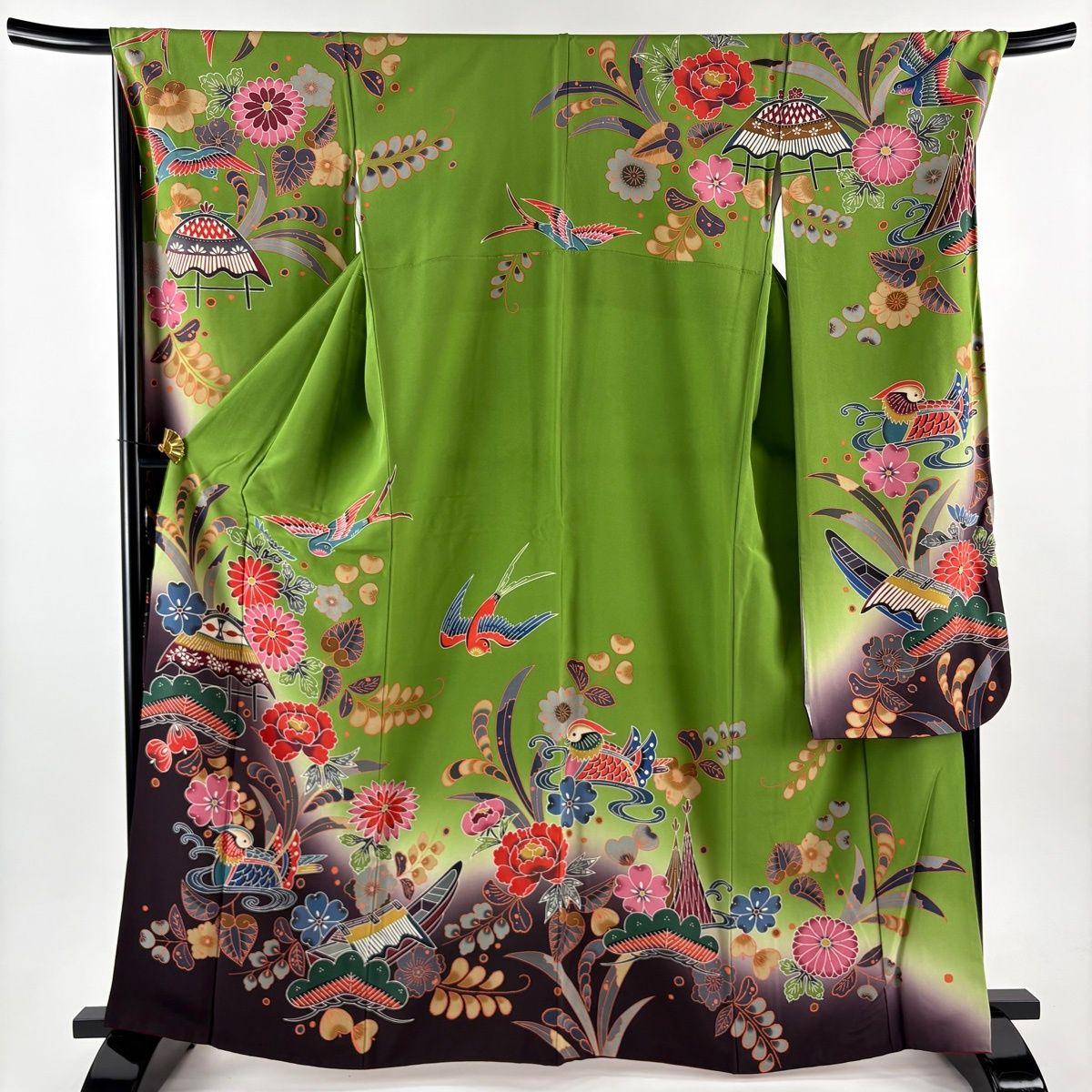 振袖 身丈165 cm 裄丈69.5 L 袷 花鳥 舟 染め分け ぼかし よもぎ色 正絹