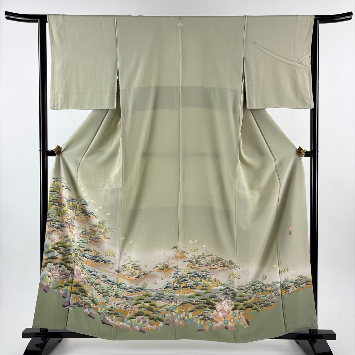 色留袖 身丈159.5 cm 裄丈64 M 袷 落款 風景 建物 染め分け ぼかし 灰緑 正絹 一つ紋