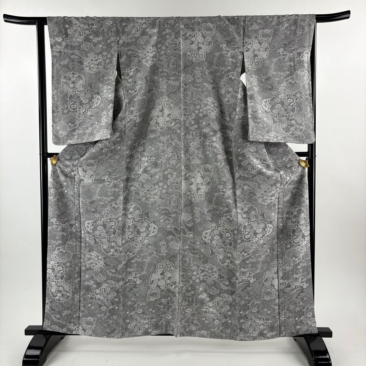 小紋 身丈161 5 cm 裄丈63 S 袷 山岡古都 落款 雪輪 草花 紋意匠 灰色 正絹