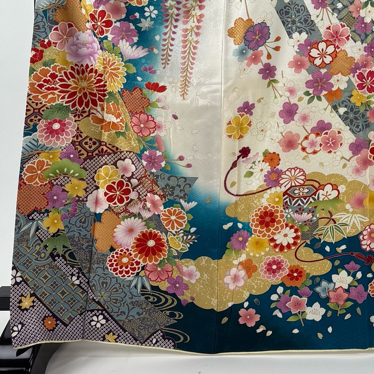 振袖 身丈168 cm 裄丈69 L 袷 草花 扇面 銀通し 金彩 青緑 正絹