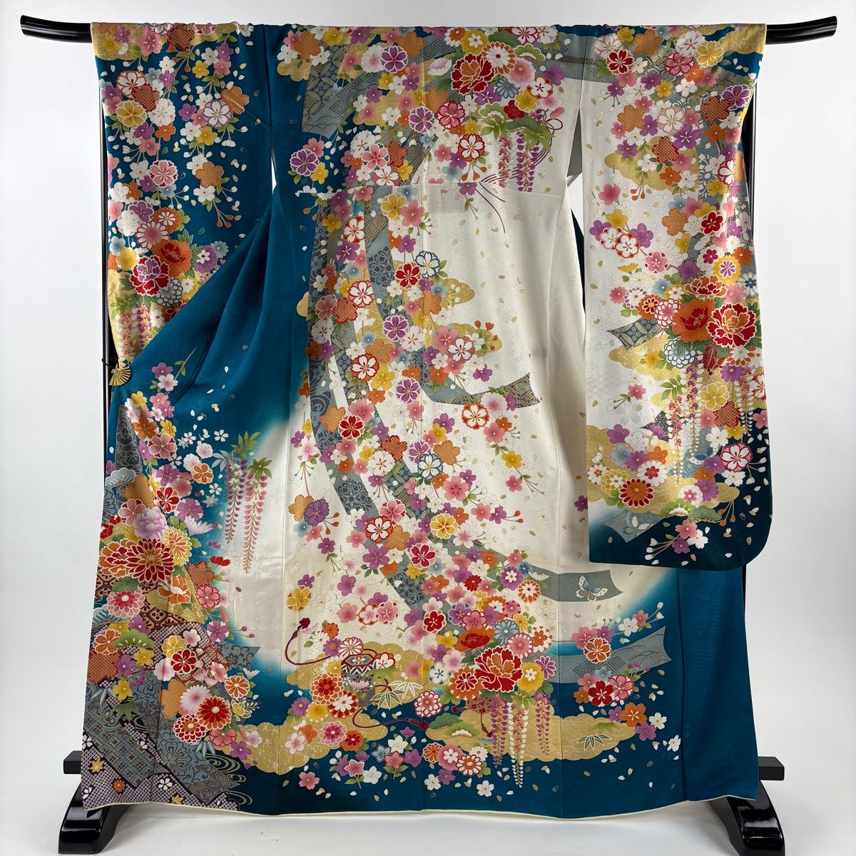 振袖 身丈168 cm 裄丈69 L 袷 草花 扇面 銀通し 金彩 青緑 正絹
