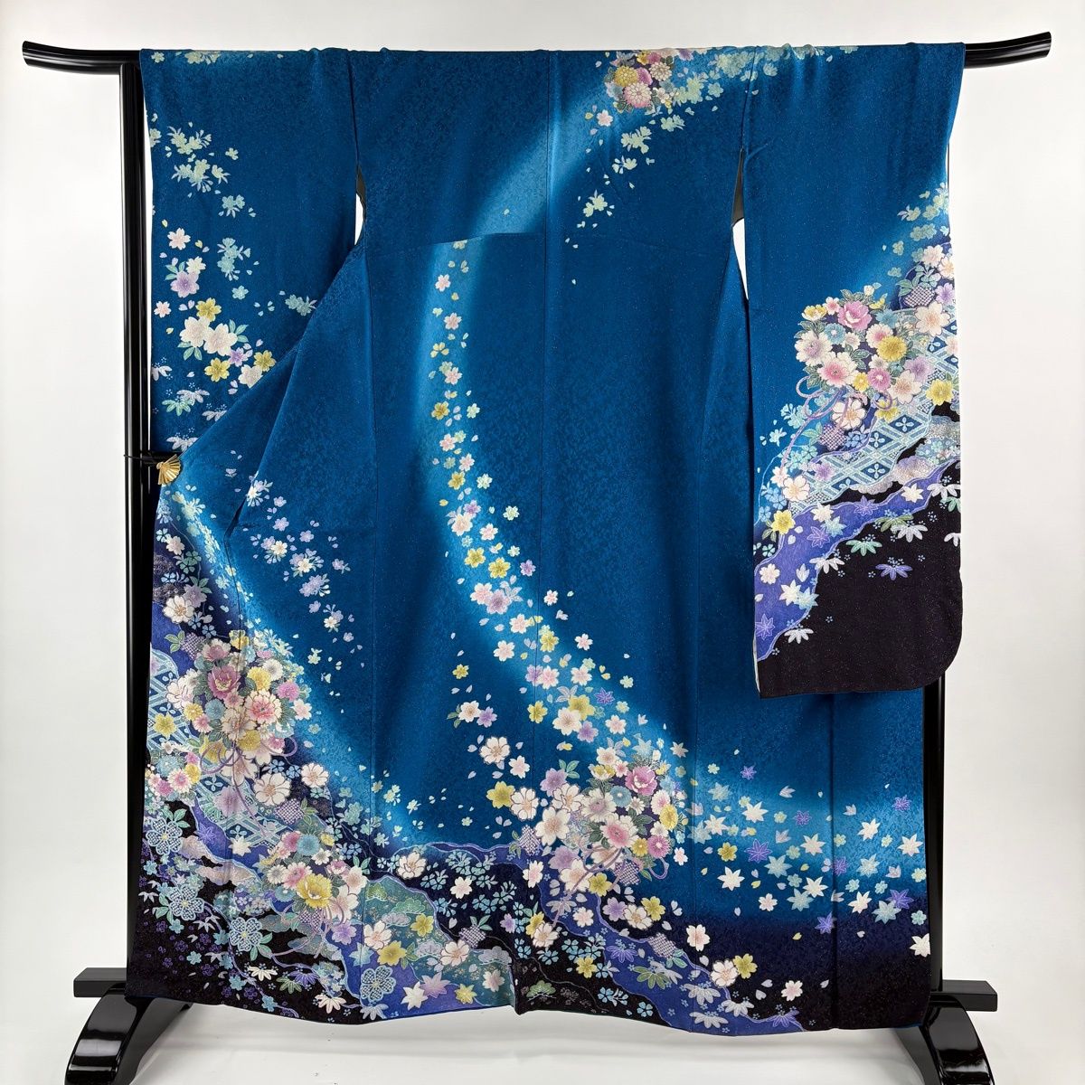 振袖 身丈164cm 裄丈67.5cm L 袷 薬玉 草花 金通し 銀彩 青 正絹 逸品