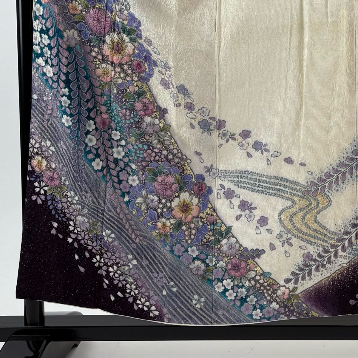 振袖 身丈153 cm 裄丈64 M 袷 辻が花柄 波 金通し 絞り クリーム 正絹