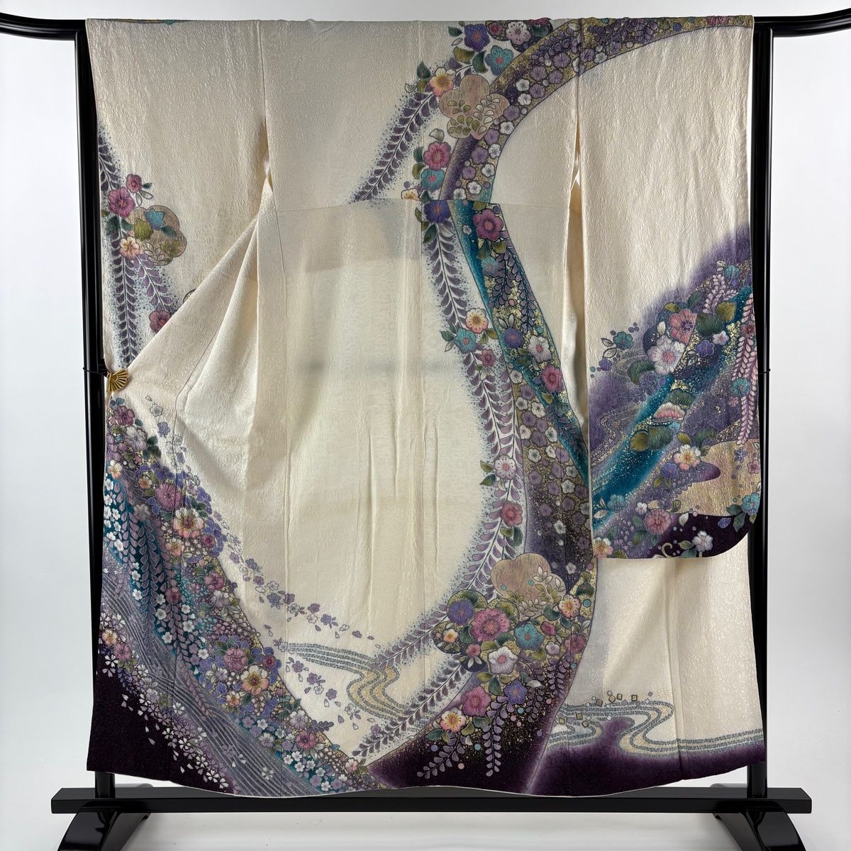 振袖 身丈153 cm 裄丈64 M 袷 辻が花柄 波 金通し 絞り クリーム 正絹