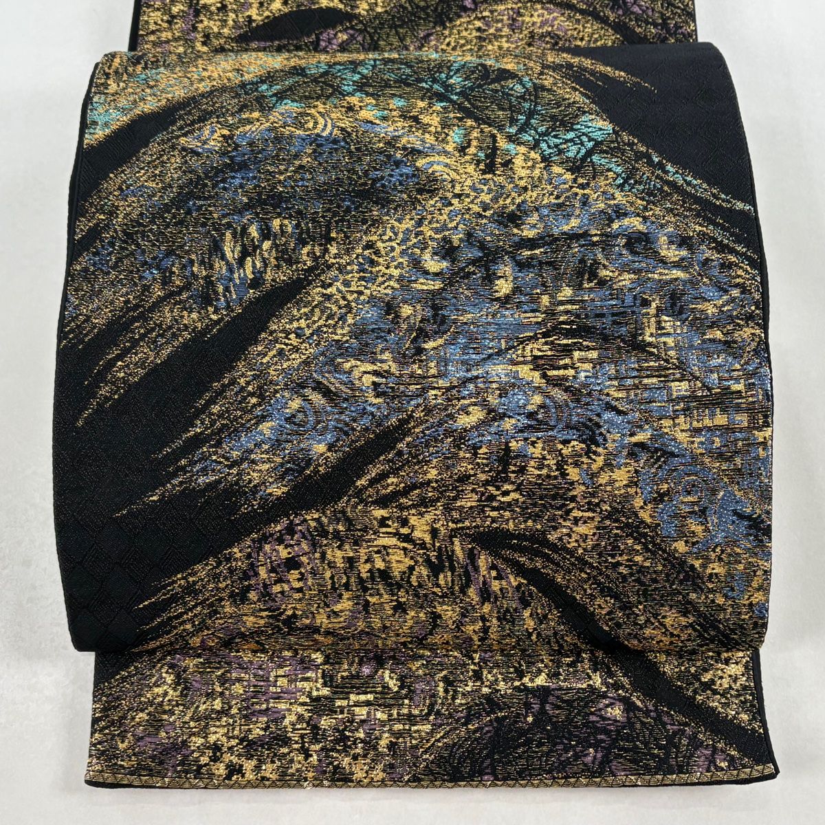 美品】 袋帯 秀品 びいどろ 波 幾何学模様 箔 金糸 黒 六通 正絹