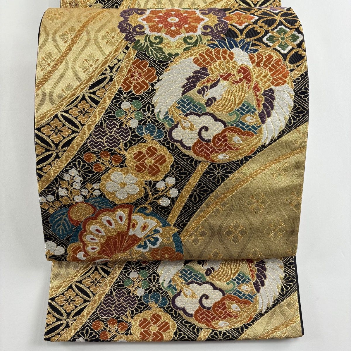 美品】 袋帯 秀品 華文 鳥丸文 金糸 唐織 金色 六通 正絹 【中古