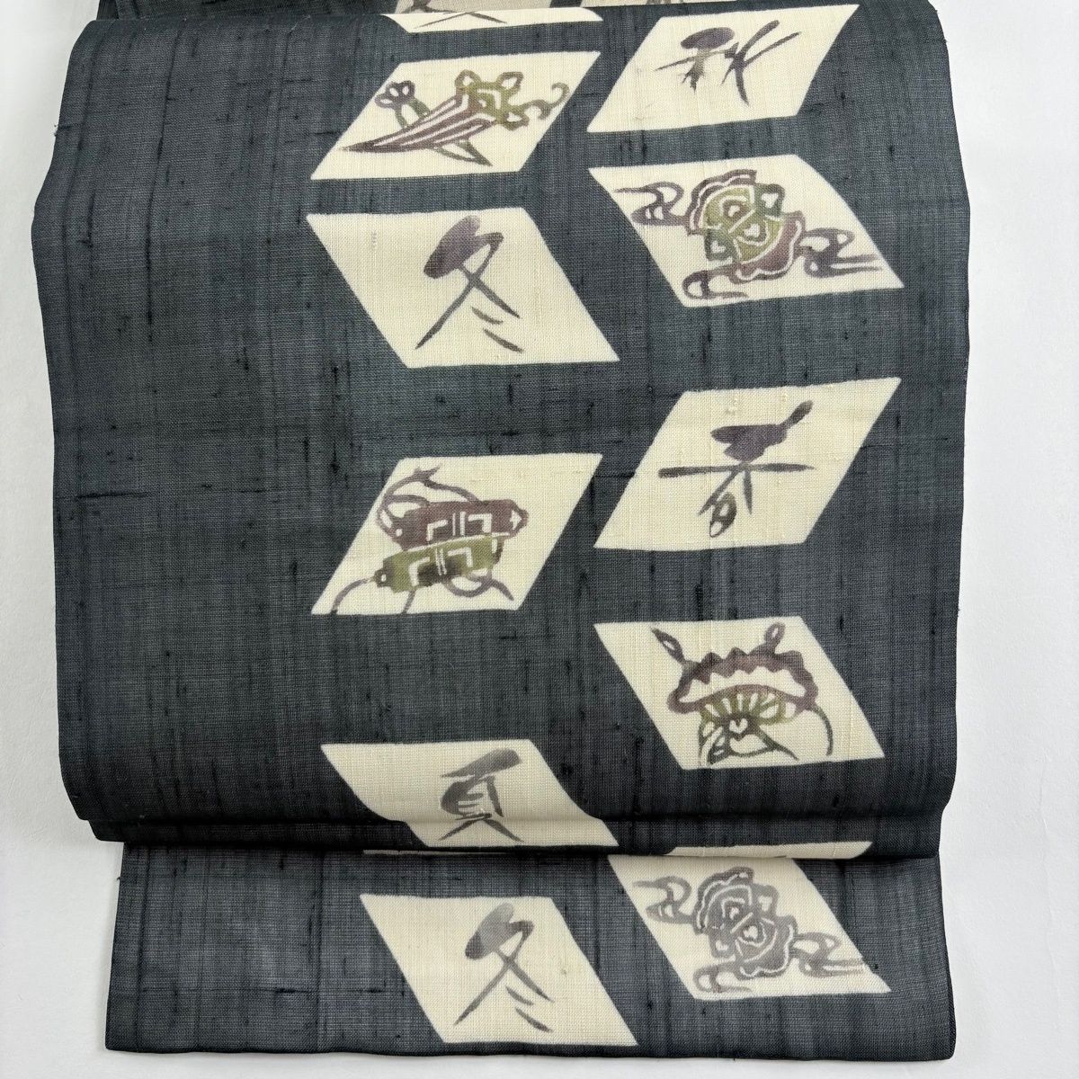 開き名古屋帯 秀品 夏帯 宝尽くし 春夏秋冬 深緑 正絹 【】