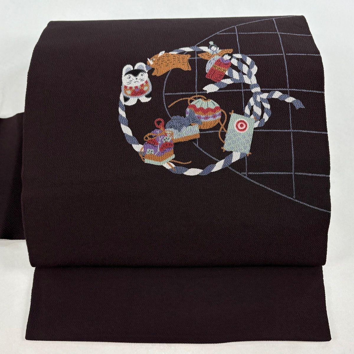 名古屋帯 秀品 玩具 鞠 縮緬 茶紫 正絹