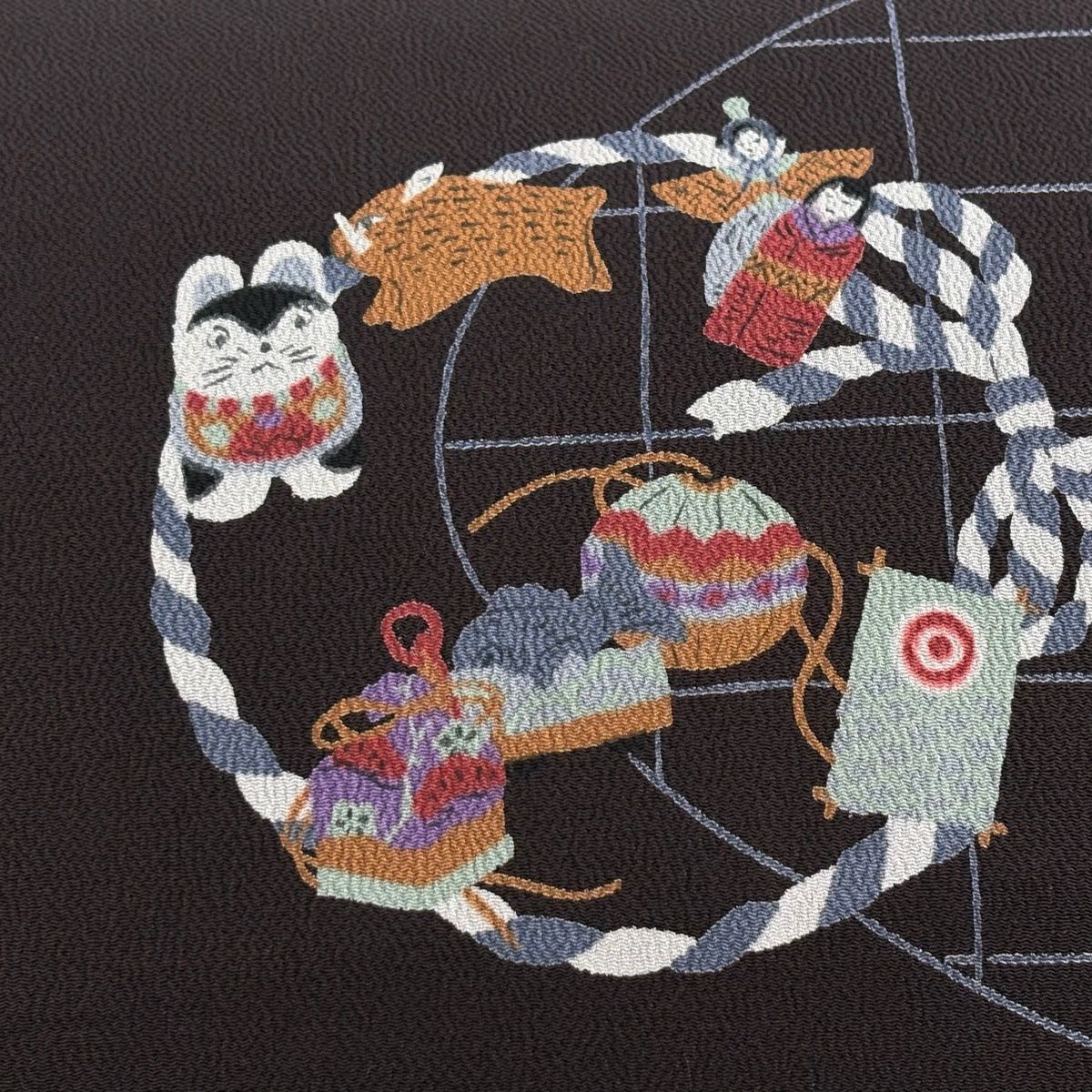 名古屋帯 秀品 玩具 鞠 縮緬 茶紫 正絹