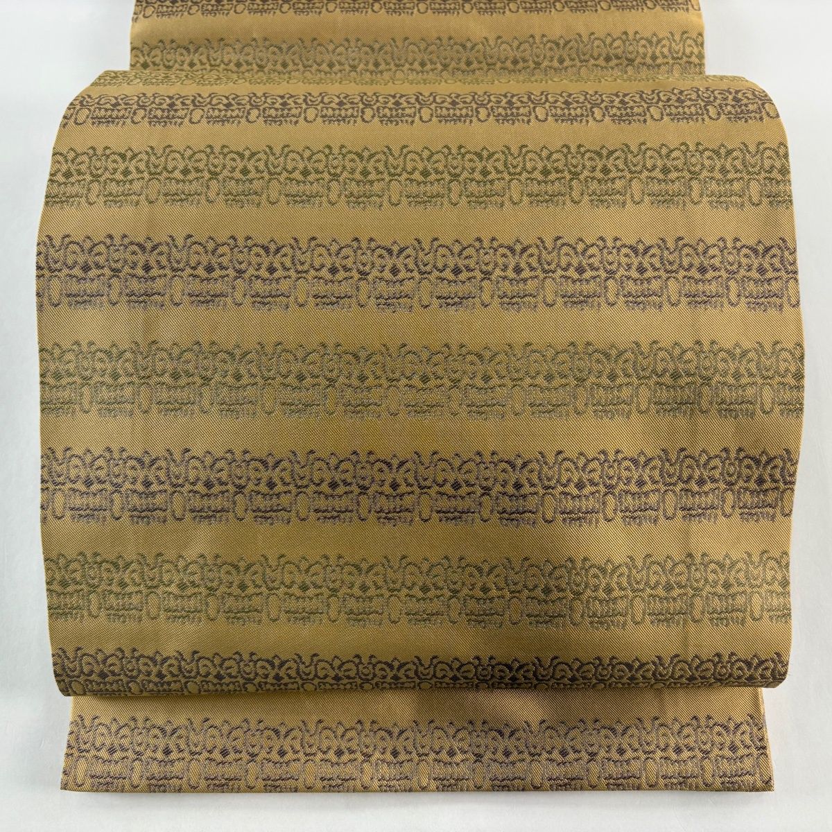 開き名古屋帯 秀品 比翼仕立て 幾何学 薄茶色 正絹