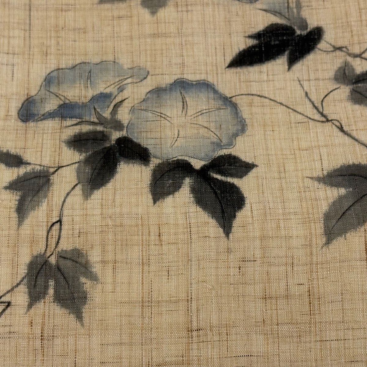 開き名古屋帯 秀品 落款 夏帯 朝顔 ベージュ 麻