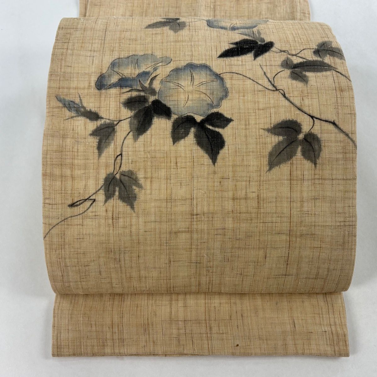 開き名古屋帯 秀品 落款 夏帯 朝顔 ベージュ 麻