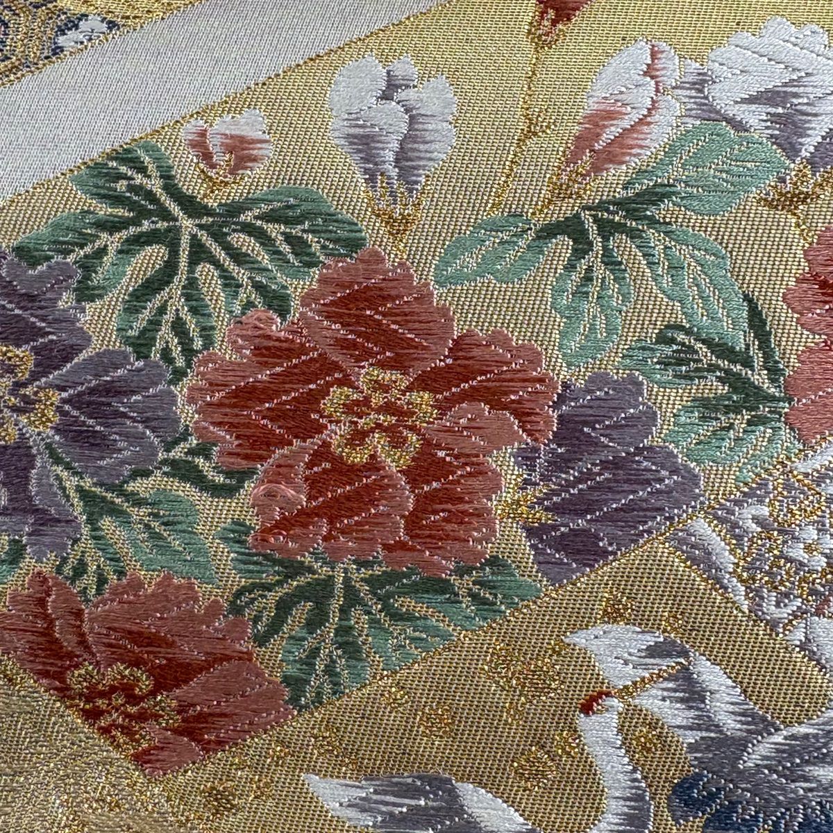 美品】 袋帯 秀品 花彩横短冊文 鶴 刺繍 金糸 灰色 六通 正絹 【中古