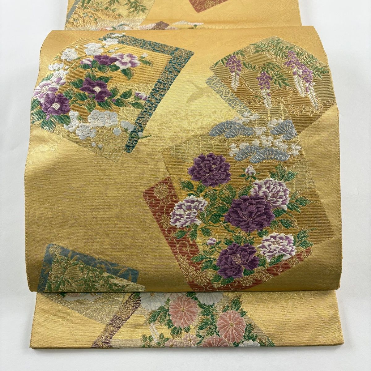 美品】 袋帯 秀品 じゅらく 落款 帝王紫 色紙 草花 金糸 箔 金色 六通