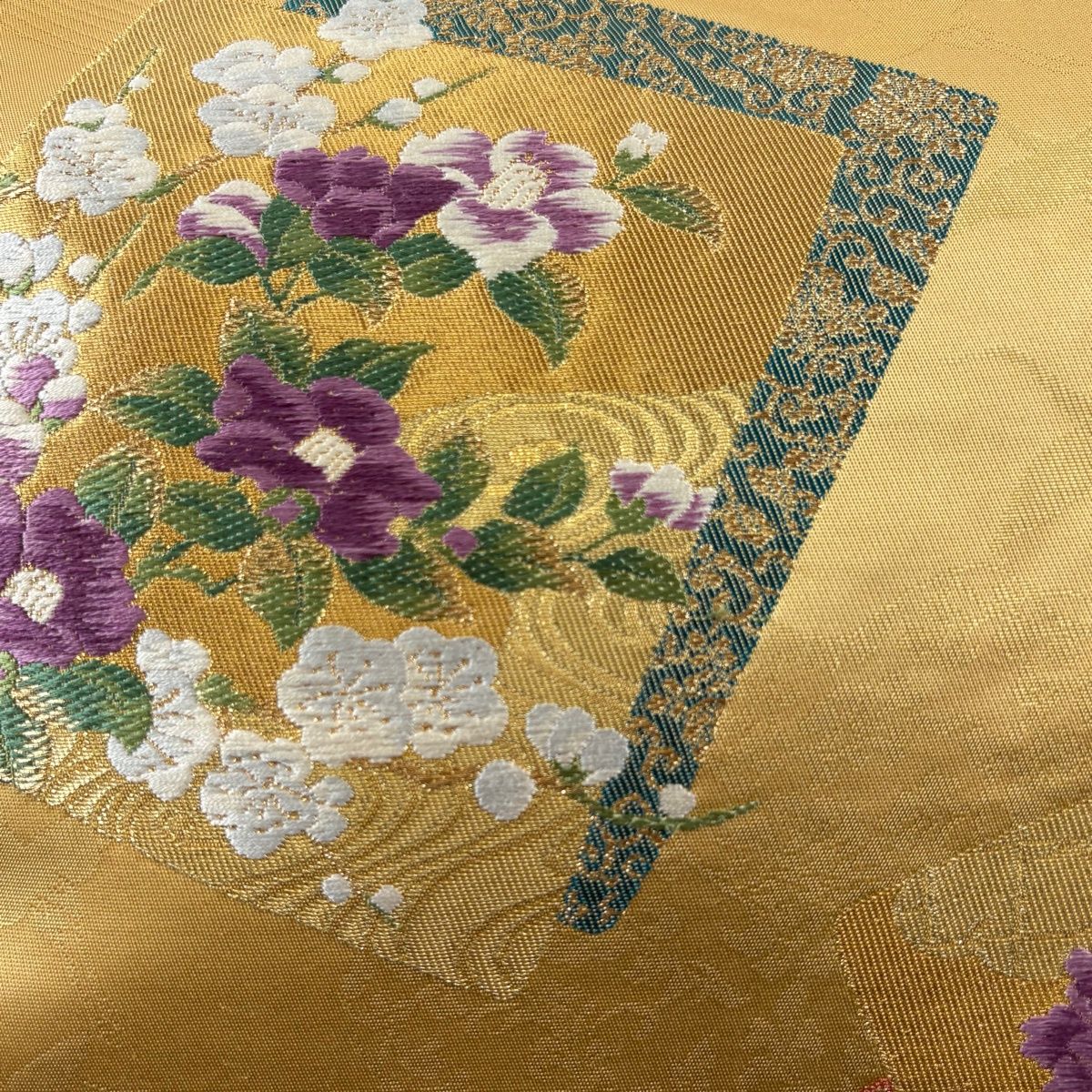 袋帯 秀品 じゅらく 落款 帝王紫 色紙 草花 金糸 箔 金色 六通 正絹