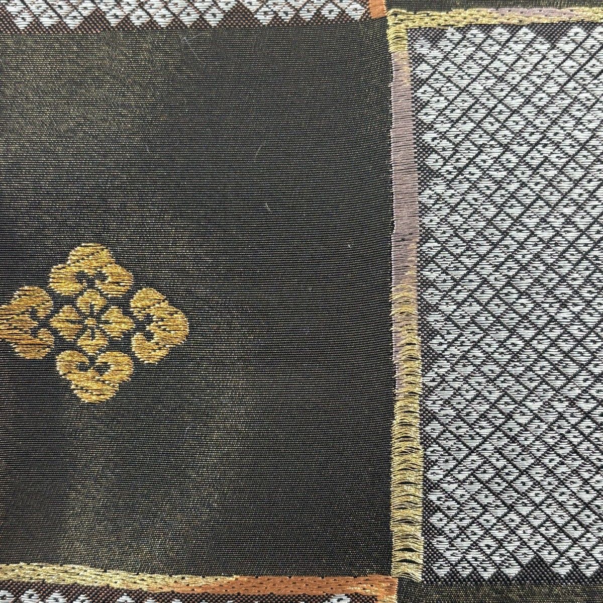 袋帯 秀品 花菱 格子 金糸 茶緑色 六通 正絹
