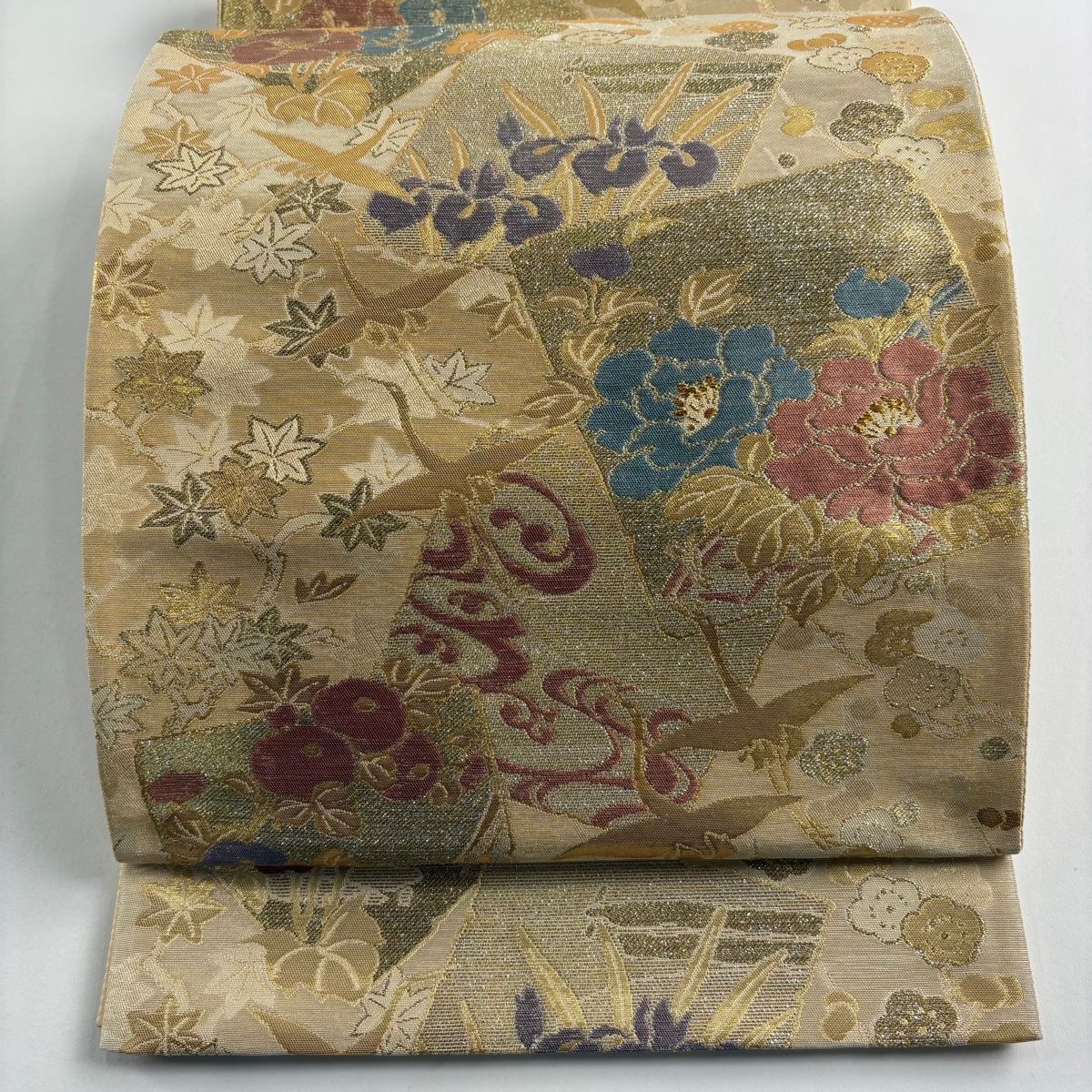 袋帯 秀品 破れ色紙 草花 金糸 箔 ベージュ 六通 正絹